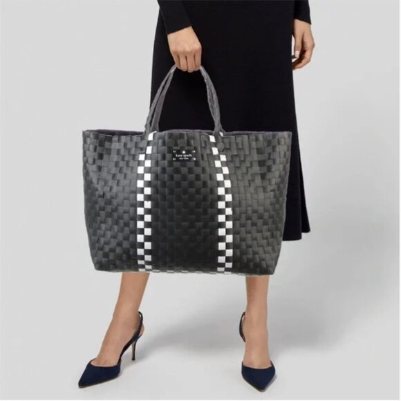 Kate Spade New York Basketweave Tote Bag, Black with White Stripes - Picture 1 of 7